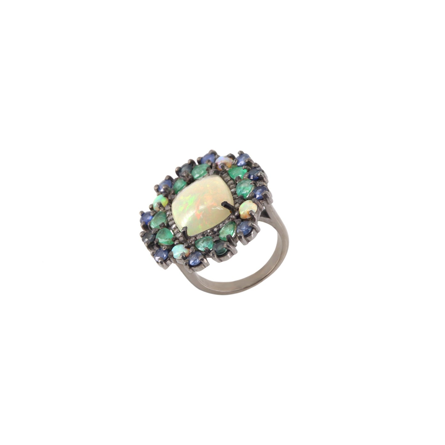 Opal Emerald Blue Sapphire Pave Handmade Statement Ring Silver