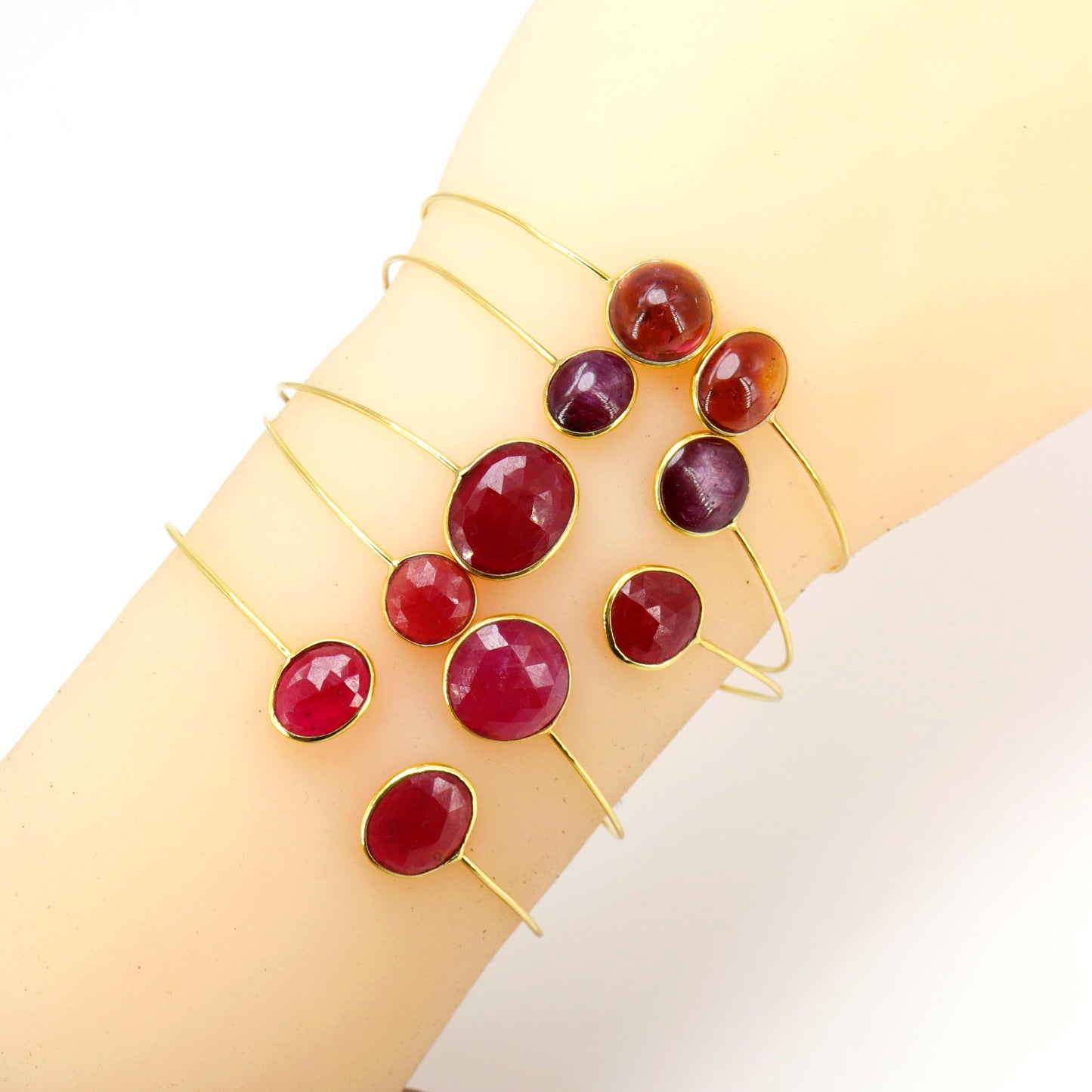 Open Cuff Flexible Bangle Deep Red Ruby Star Ruby Setted Yellow /Proposal /Trendy Des 14K Gold