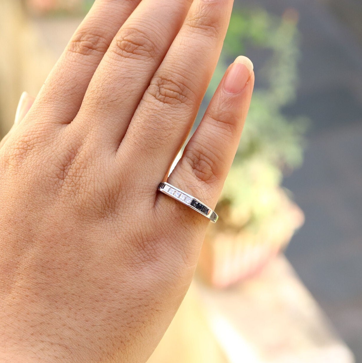 Unique Half Eternity Art Deco Wedding Band White Princess Cut Blue Sapphire Anniversary Unique Shape Band 18K Gold