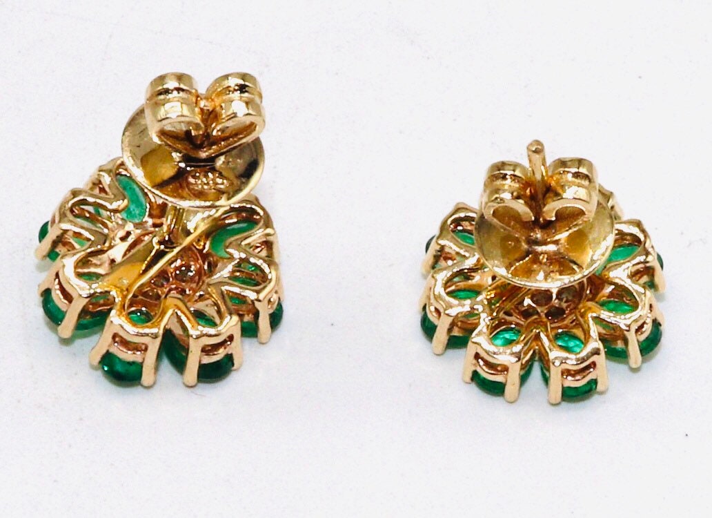 Yellow/White Handmade Emerald/Blue Sapphire Studs Earring 14K Gold