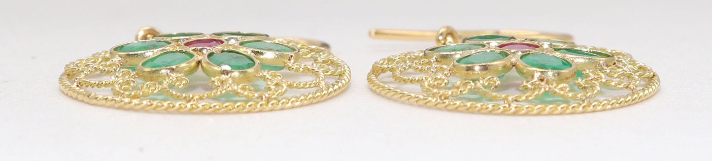 Yellow Handmade Emerald Ruby Hanging Earring 18K Gold