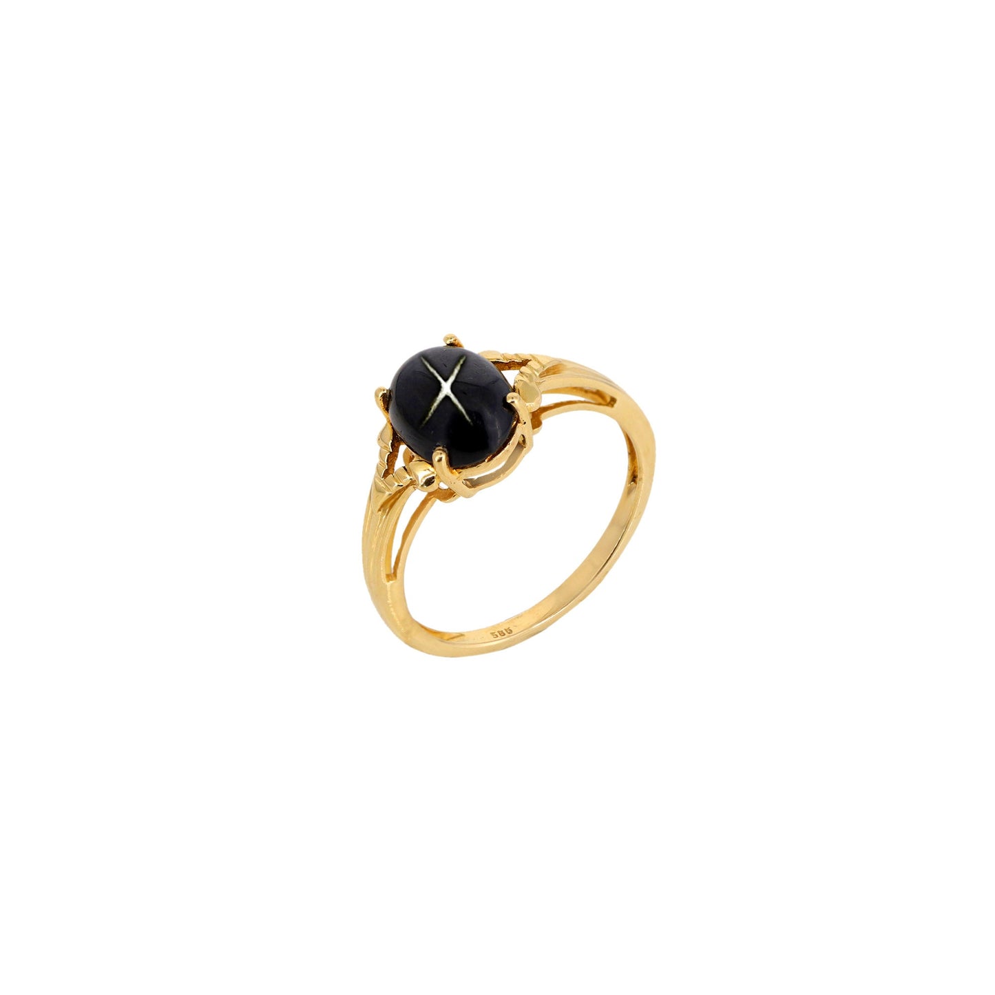 Yellow Oval Shaped Cabochon Black Star Or Star India Semi Precious Gemstone Ring 14K Gold