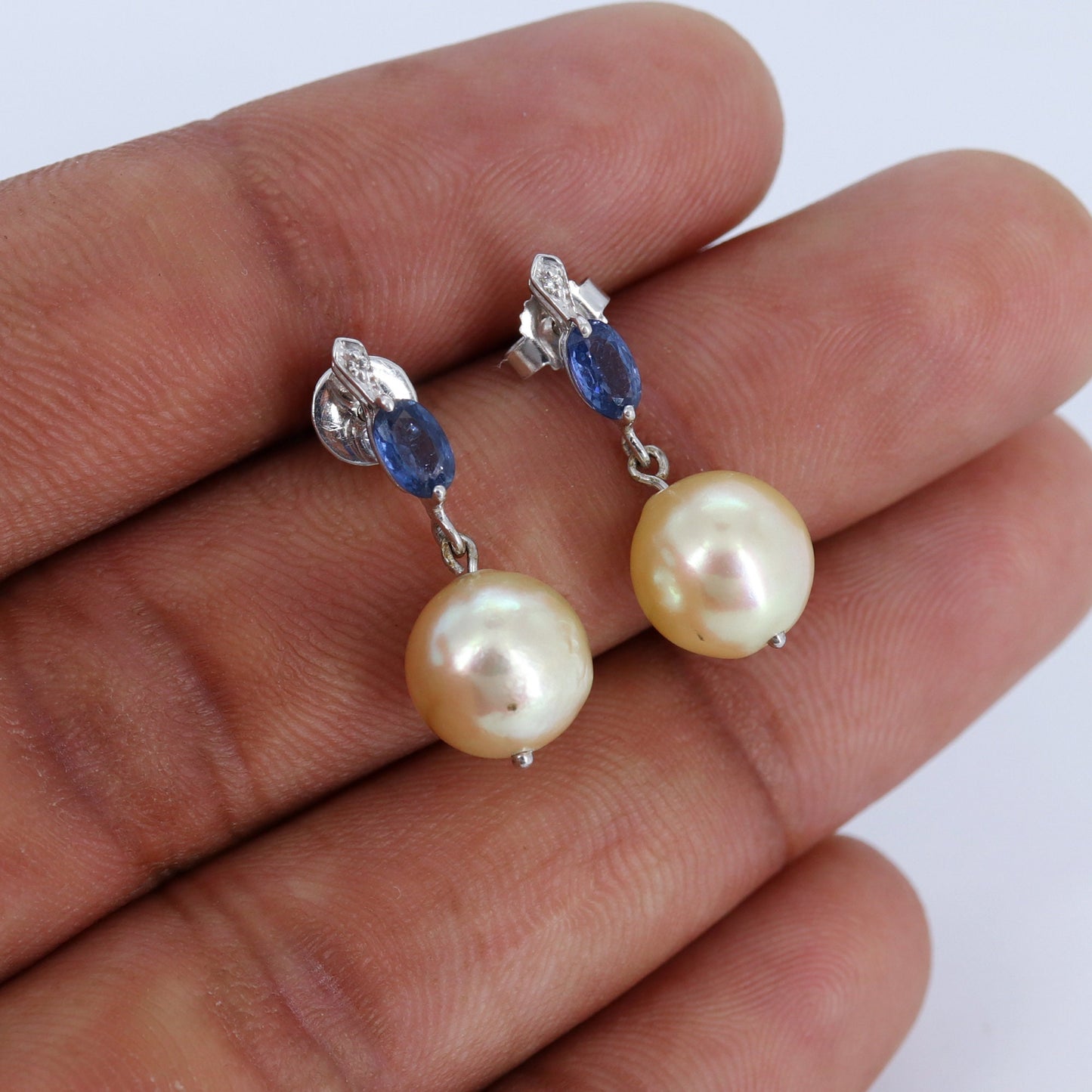 White Studded Blue Sapphire Earring 14K Gold