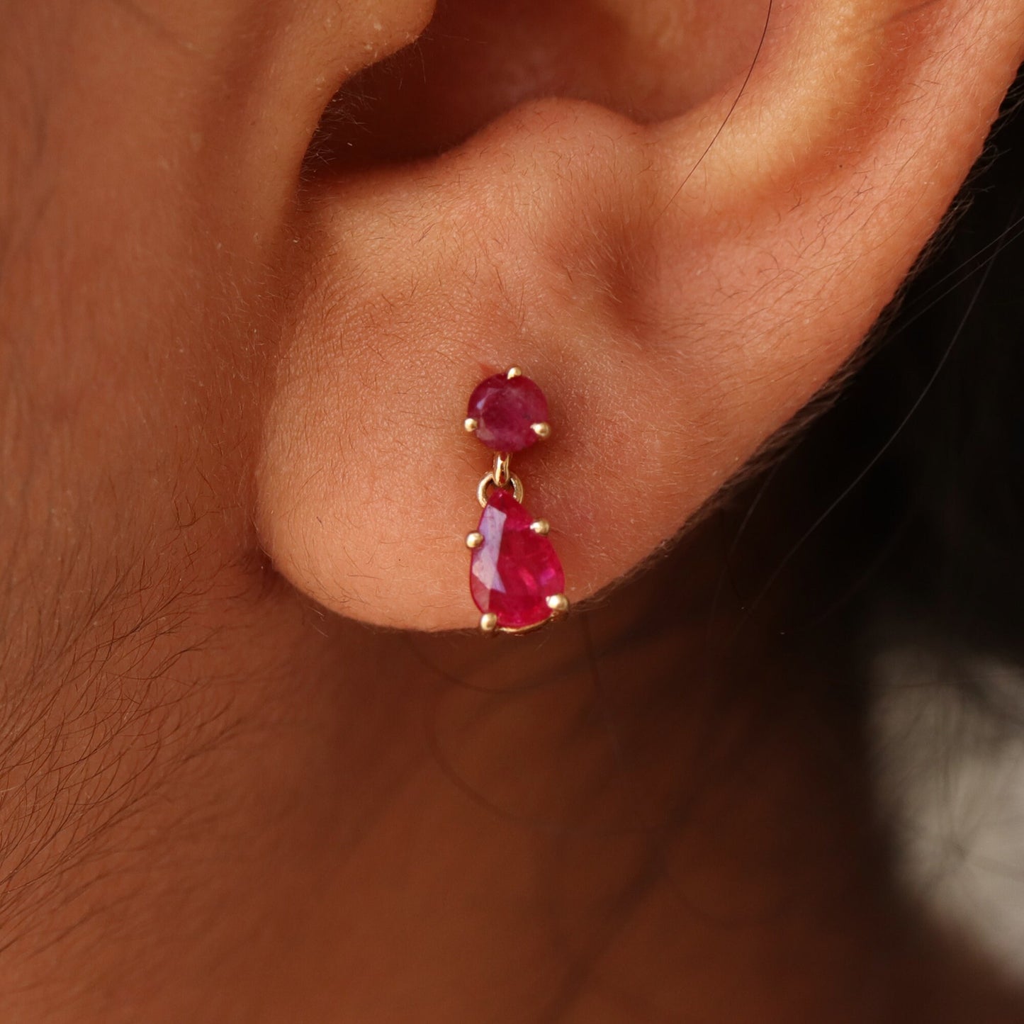 Round & Pear Cut Ruby Studs/ Yellow Dainty Studs/ 12X4Mm Size Earring 14K Gold