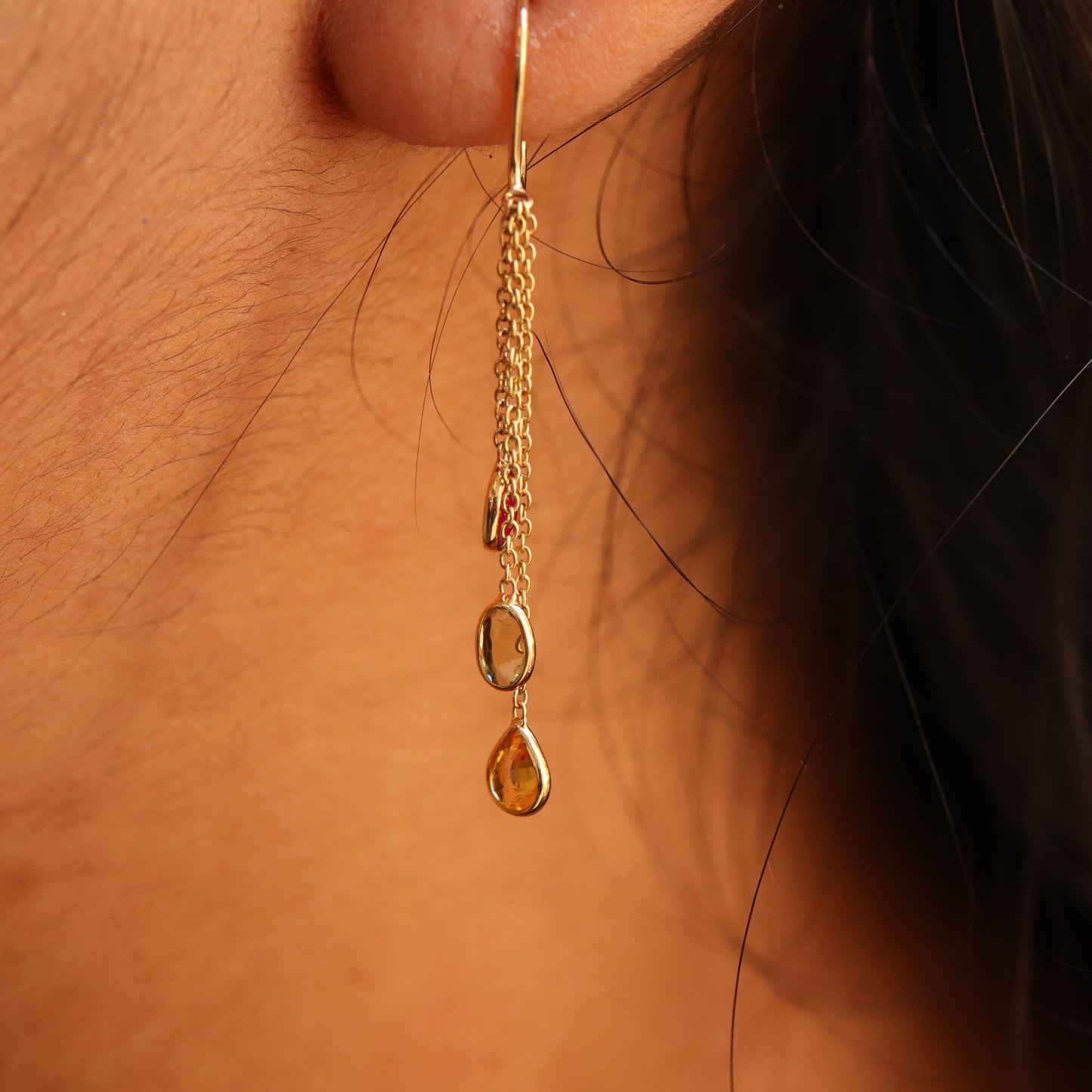 Yellow Handmade Multi Tourmaline Hanging Earring 18K Gold