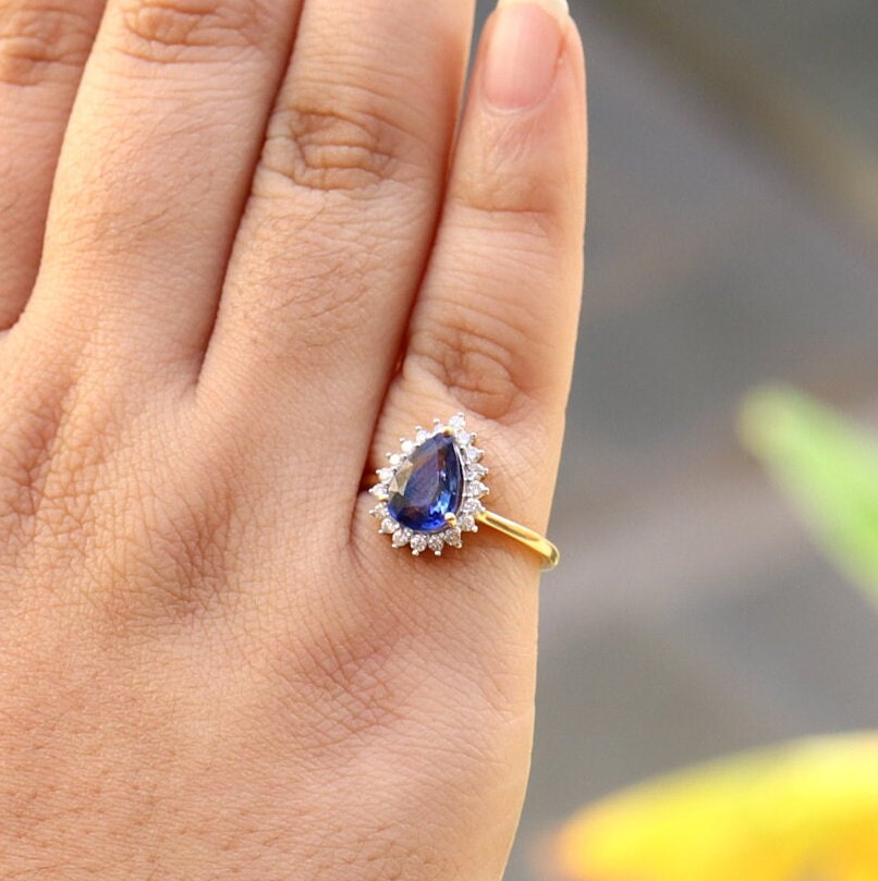 Yellow Blue Sapphire Engagement Ring 14K Gold