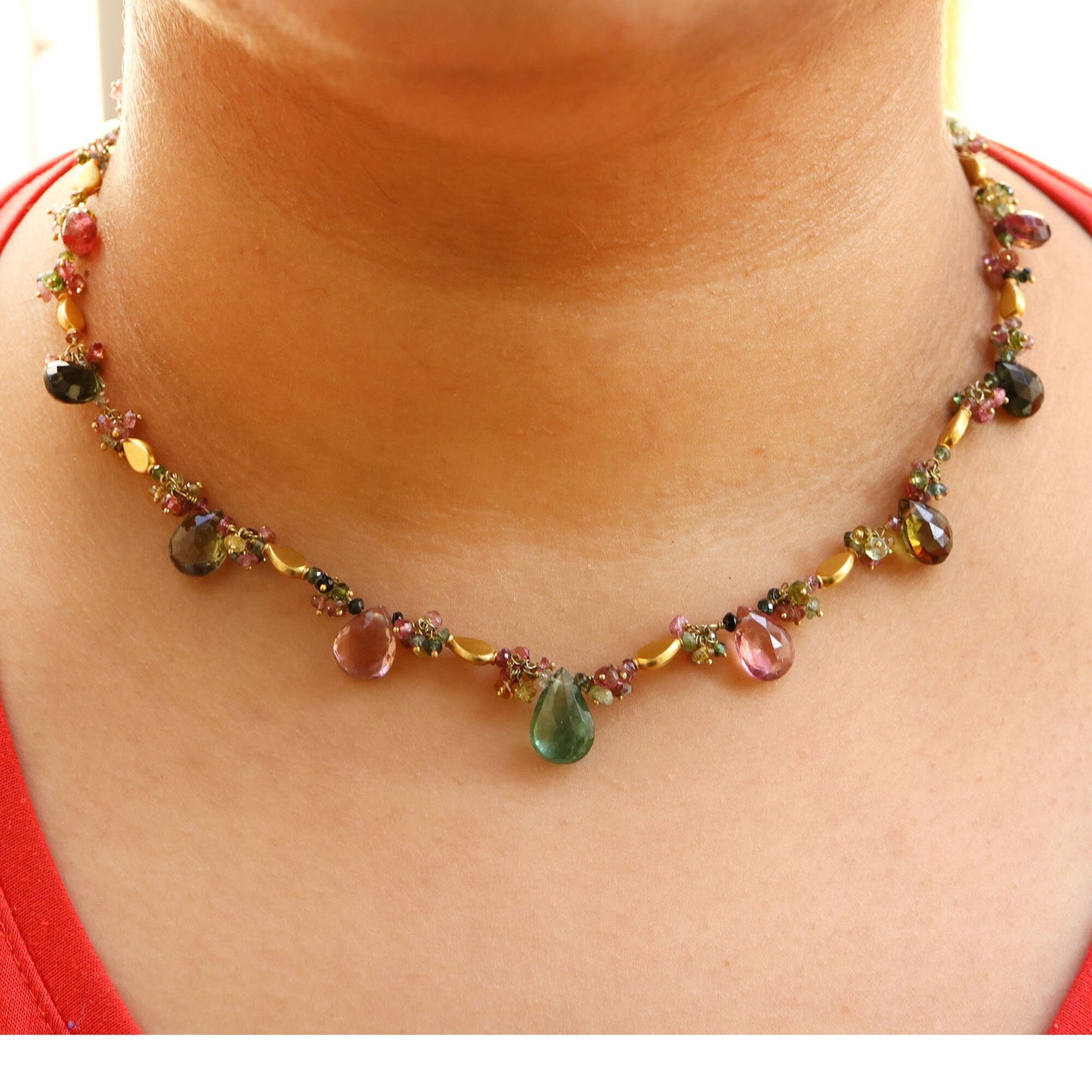 Green Pink Brown Tourmaline Necklace 18K Gold