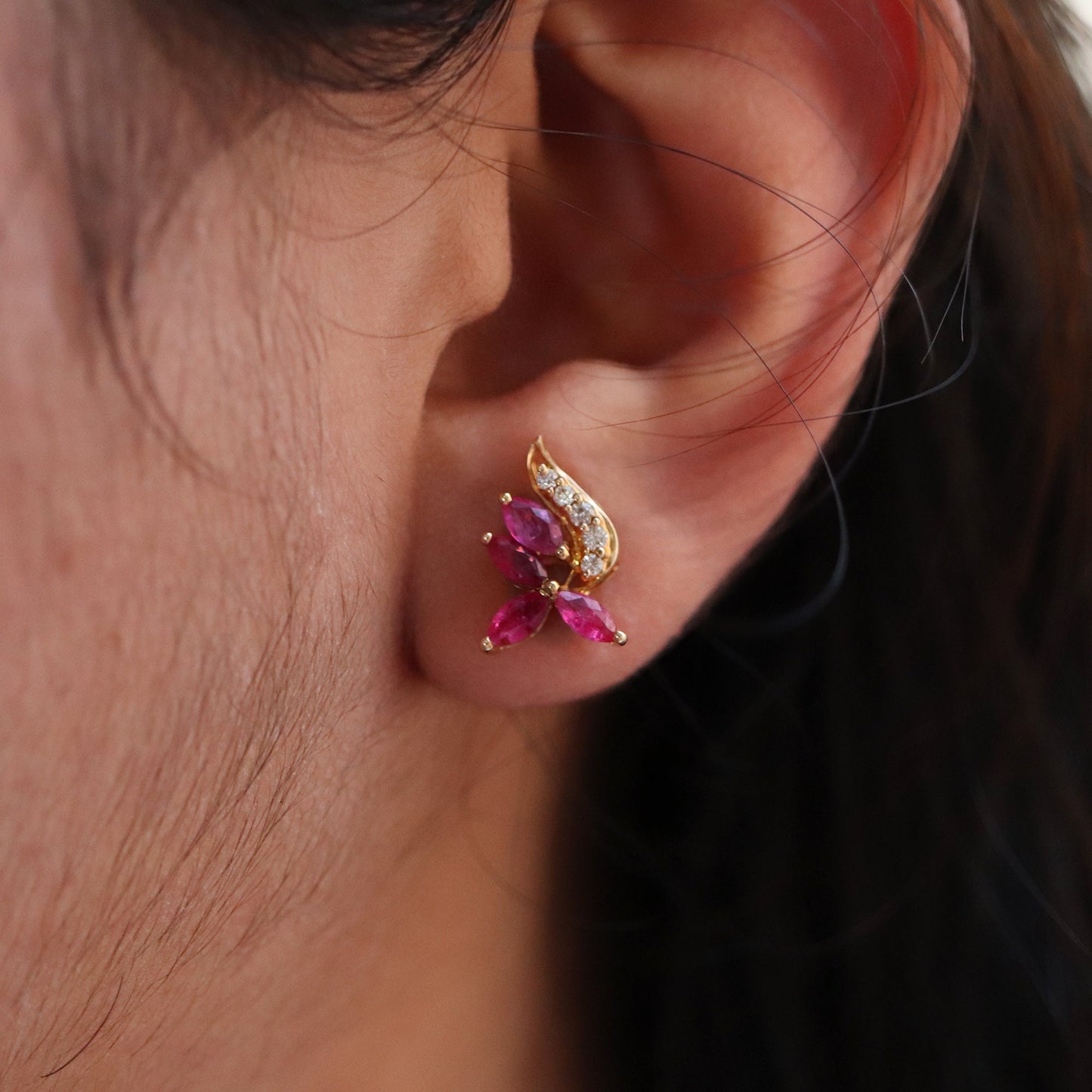 Flower Design Ruby Earring 14K Gold