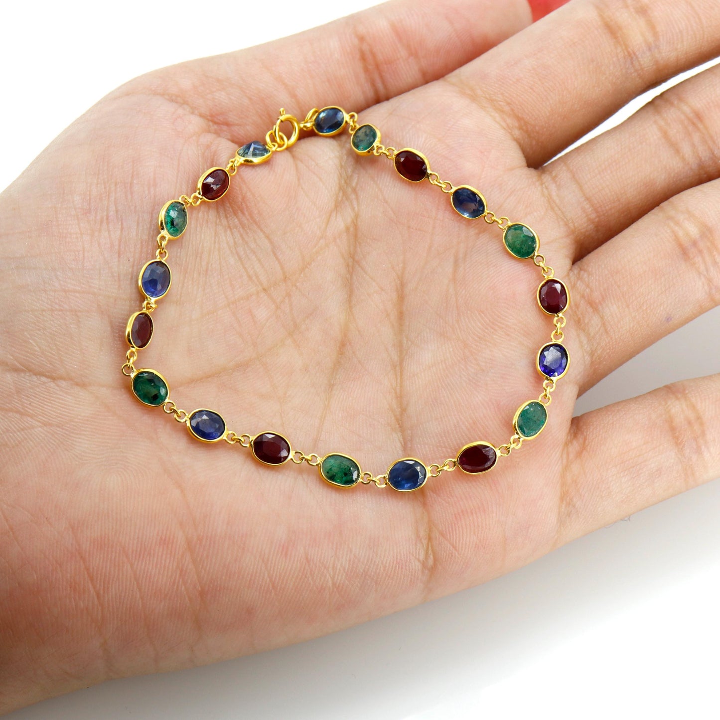 Blue Sapphire Emerald Ruby Gemstone Bezel Setting Bracelet 14K Gold