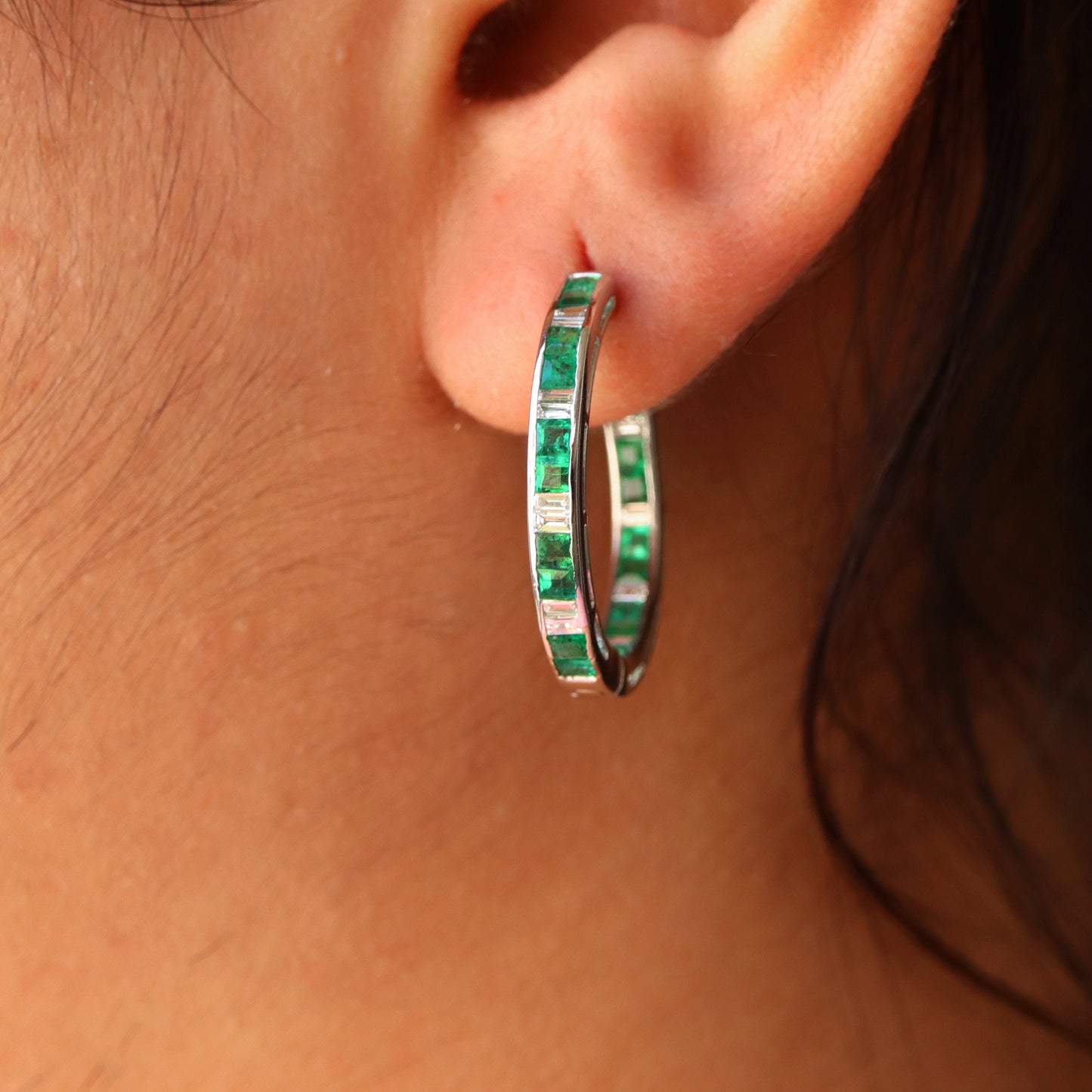 Green Emerald Hoop Earring 18K Gold