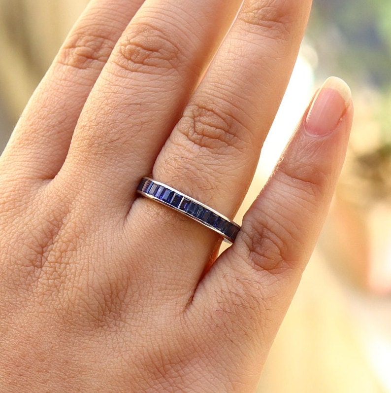 Sapphire Eternity Band . Baguette Cut Eternity Ring 14K Gold