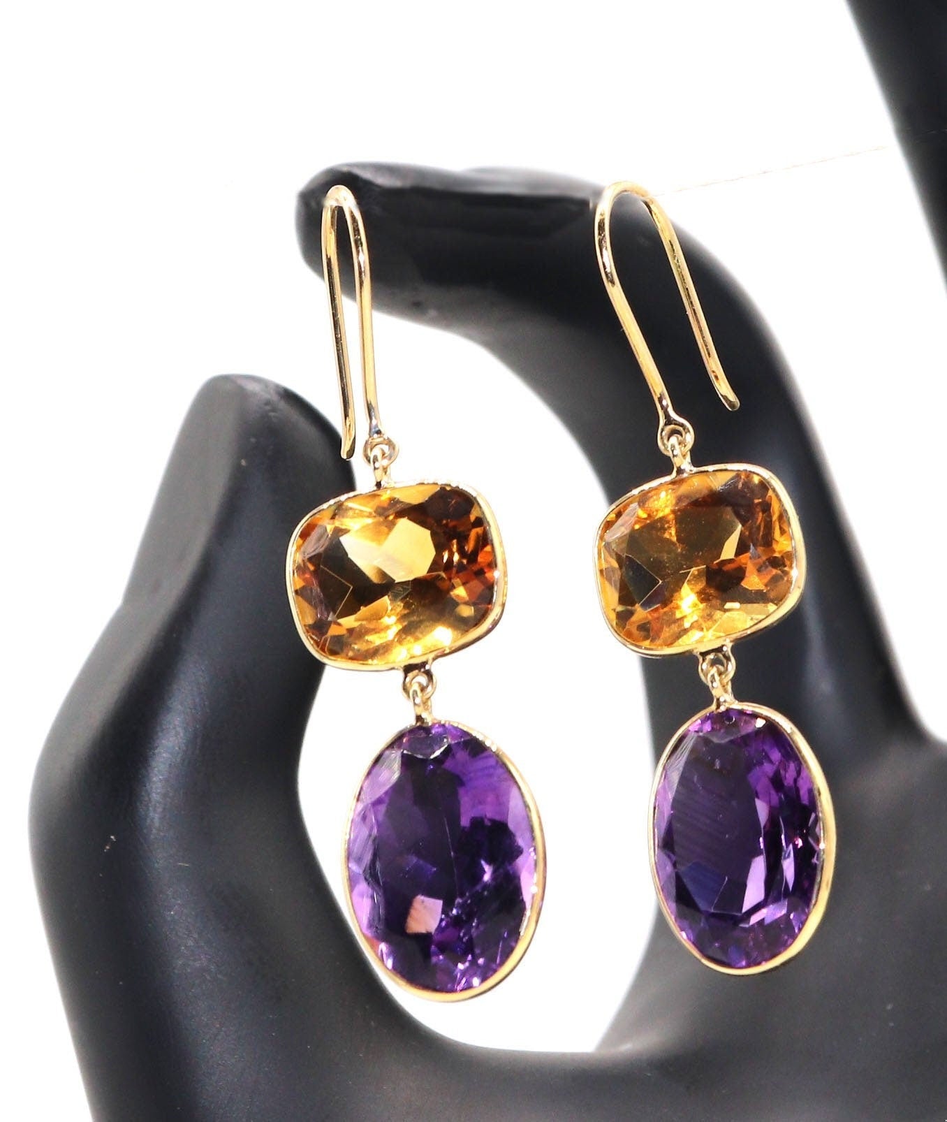 18Kyellow Handmade Citrine Amethyst Hanging Earring Gold