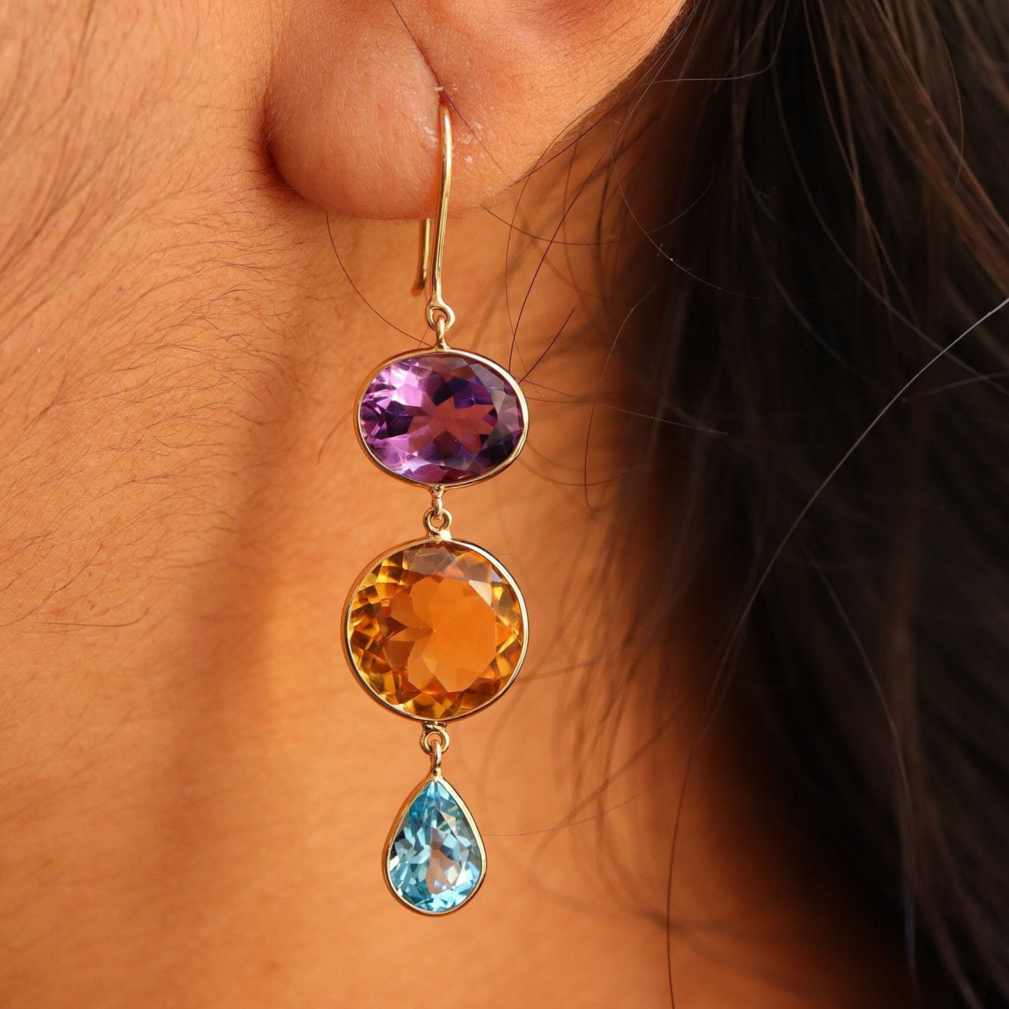 Yellow Handmade Citrine Blue Topaz Amethyst Hanging Earring 18K Gold