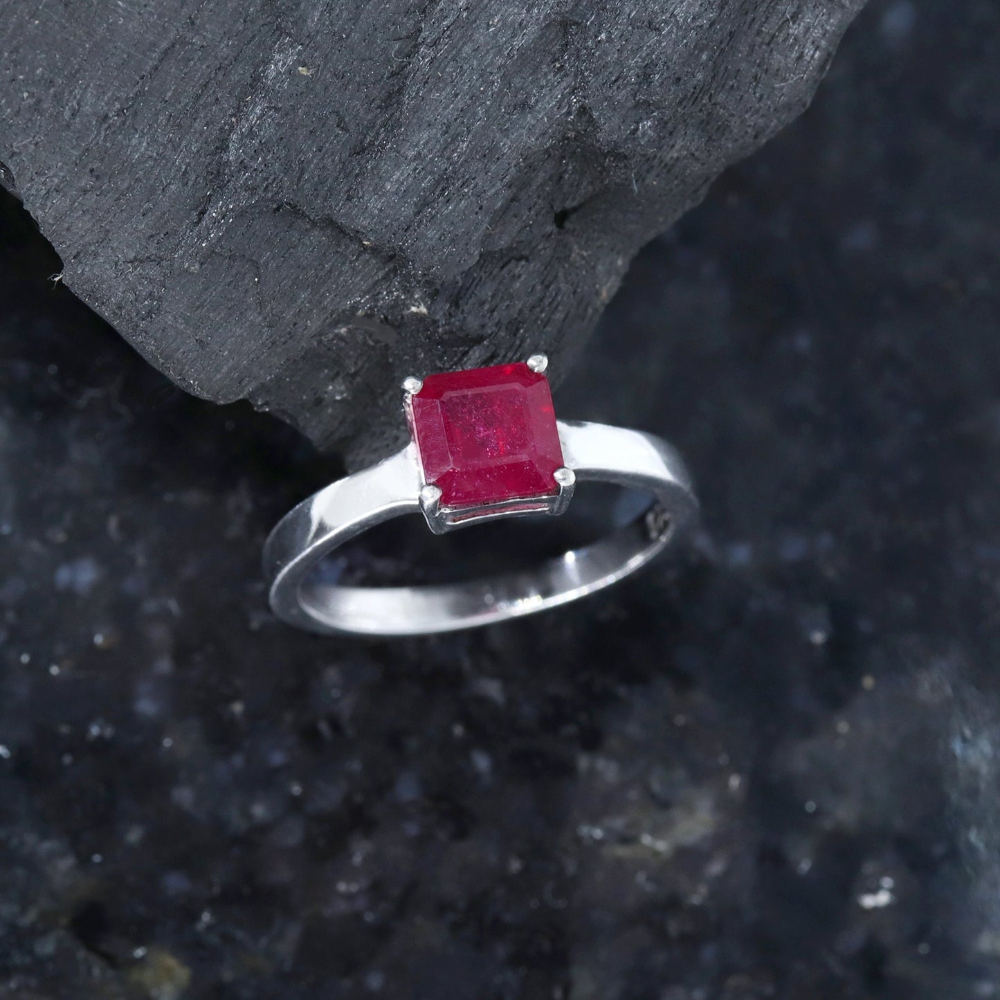 Octagon Cut Ruby Ring Silver