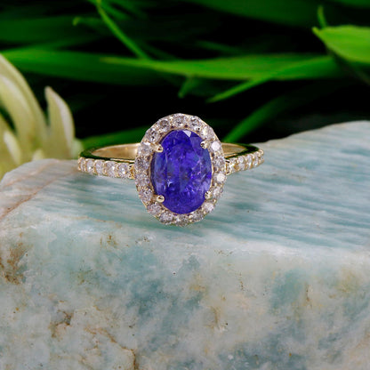 Deep Blue Tanzanite & Setted Yellow / Proposal Ring 14K Gold