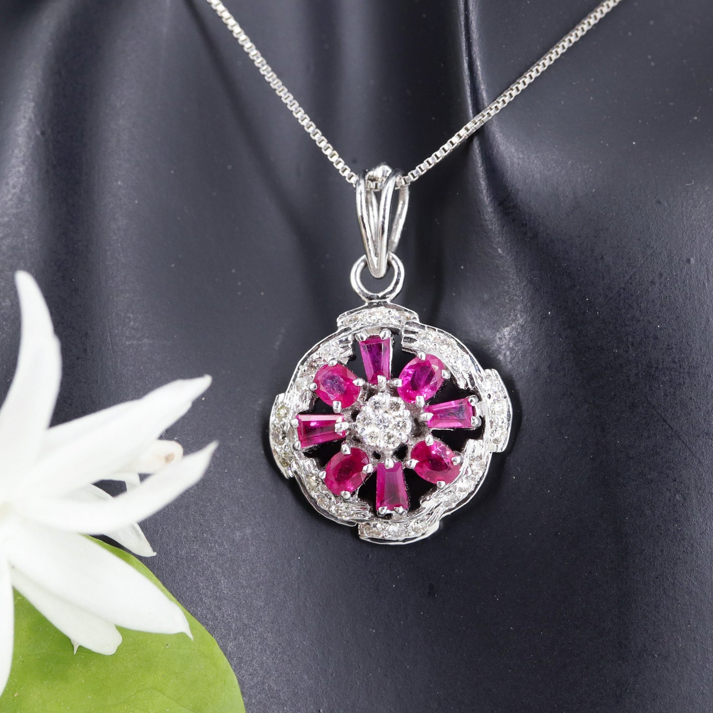 Handmade White Ruby Flower Pendant 18K Gold