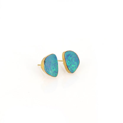 Blue Opal Fancy Shape Studs Yellow Tiny Stud Earring 14K Gold
