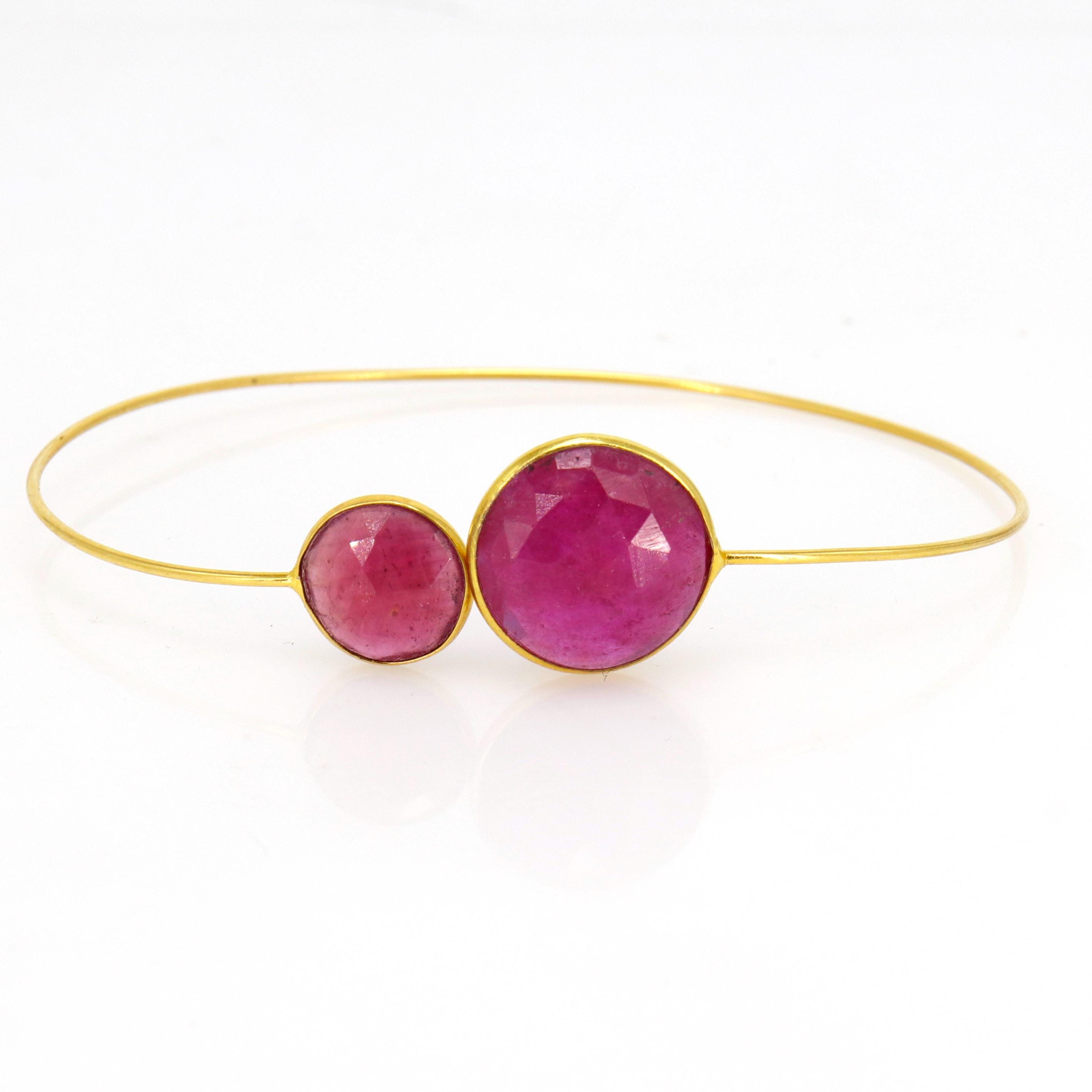 Open Cuff Flexible Bangle Deep Red Ruby Star Ruby Setted Yellow /Proposal /Trendy Des 14K Gold