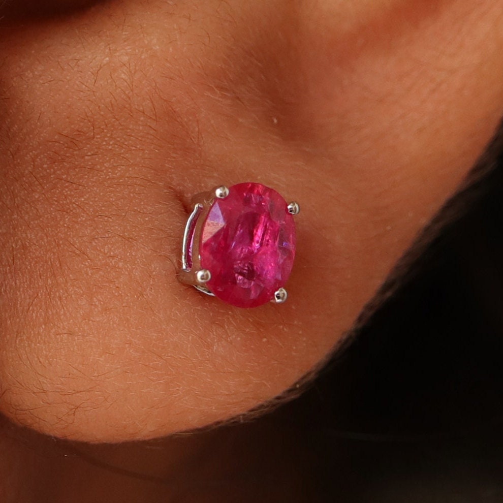 1.26 Ruby Studs Yellow/White Dainty Ruby Studs 6X5Mm Genuine Ruby Tiny Ruby Push Back Studs 18K Gold