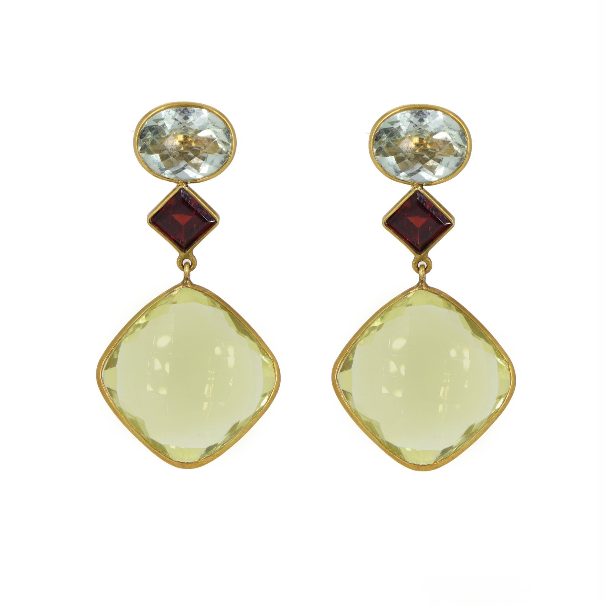 Checker Cut Green Amethyst Earring 18K Gold
