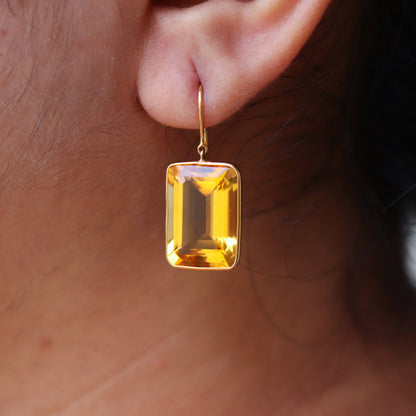 Emerald Cut Big Size Citrine Stone Earring 18K Gold