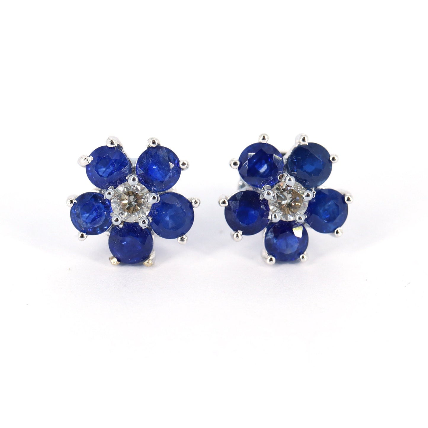 11Mm White Studded Blue Sapphire Earring 14K Gold
