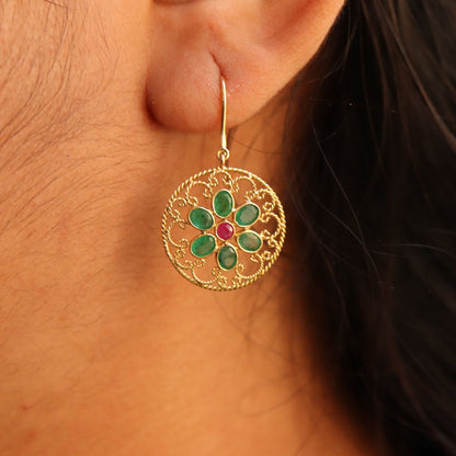 Yellow Handmade Emerald Ruby Hanging Earring 18K Gold