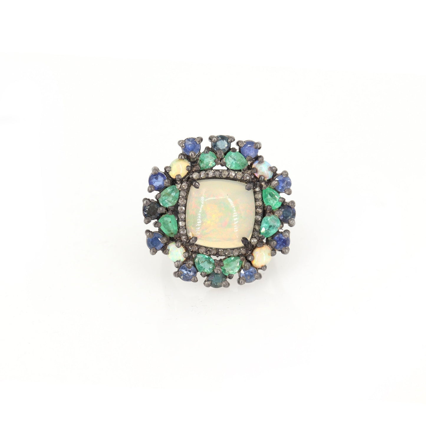 Opal Emerald Blue Sapphire Pave Handmade Statement Ring Silver