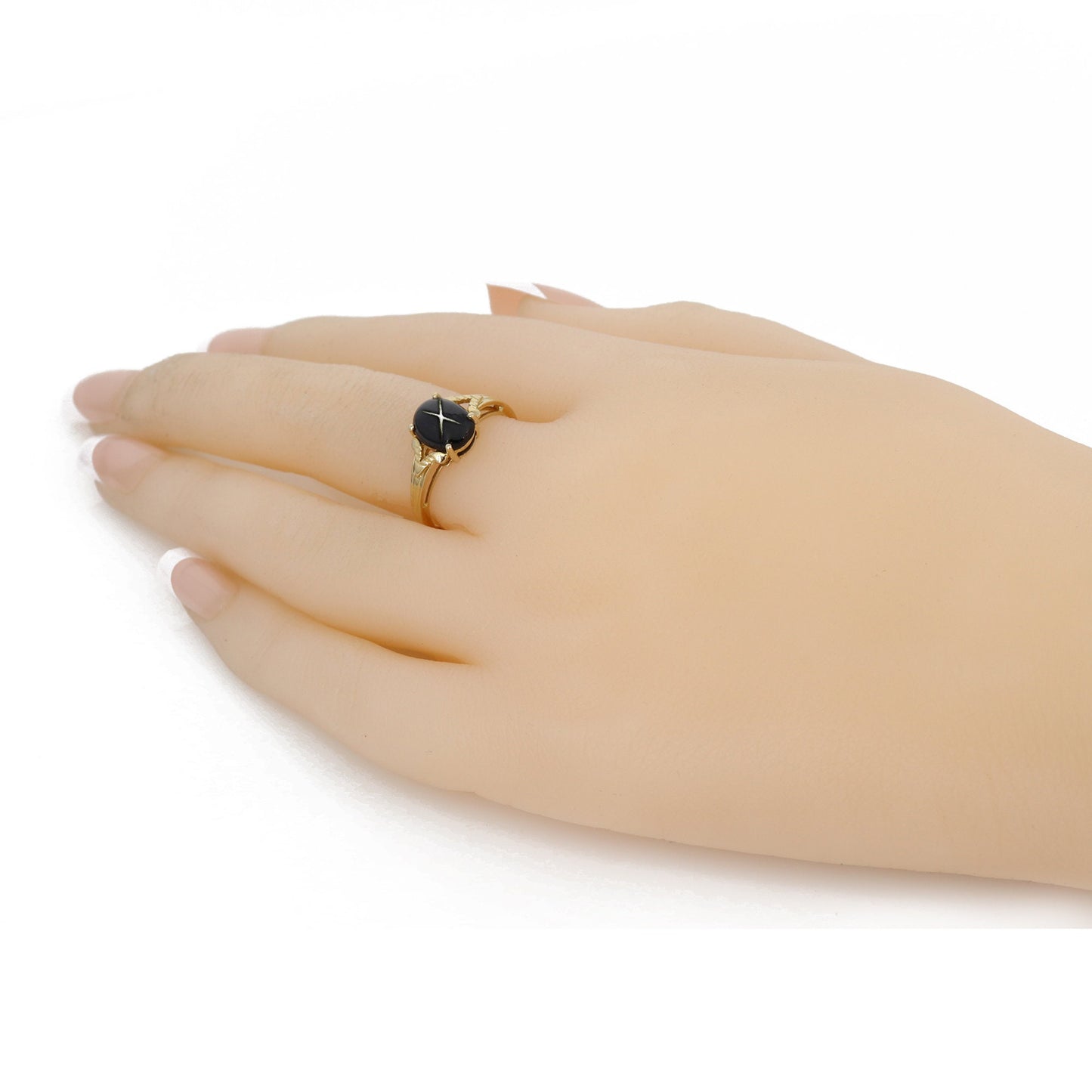 Yellow Oval Shaped Cabochon Black Star Or Star India Semi Precious Gemstone Ring 14K Gold