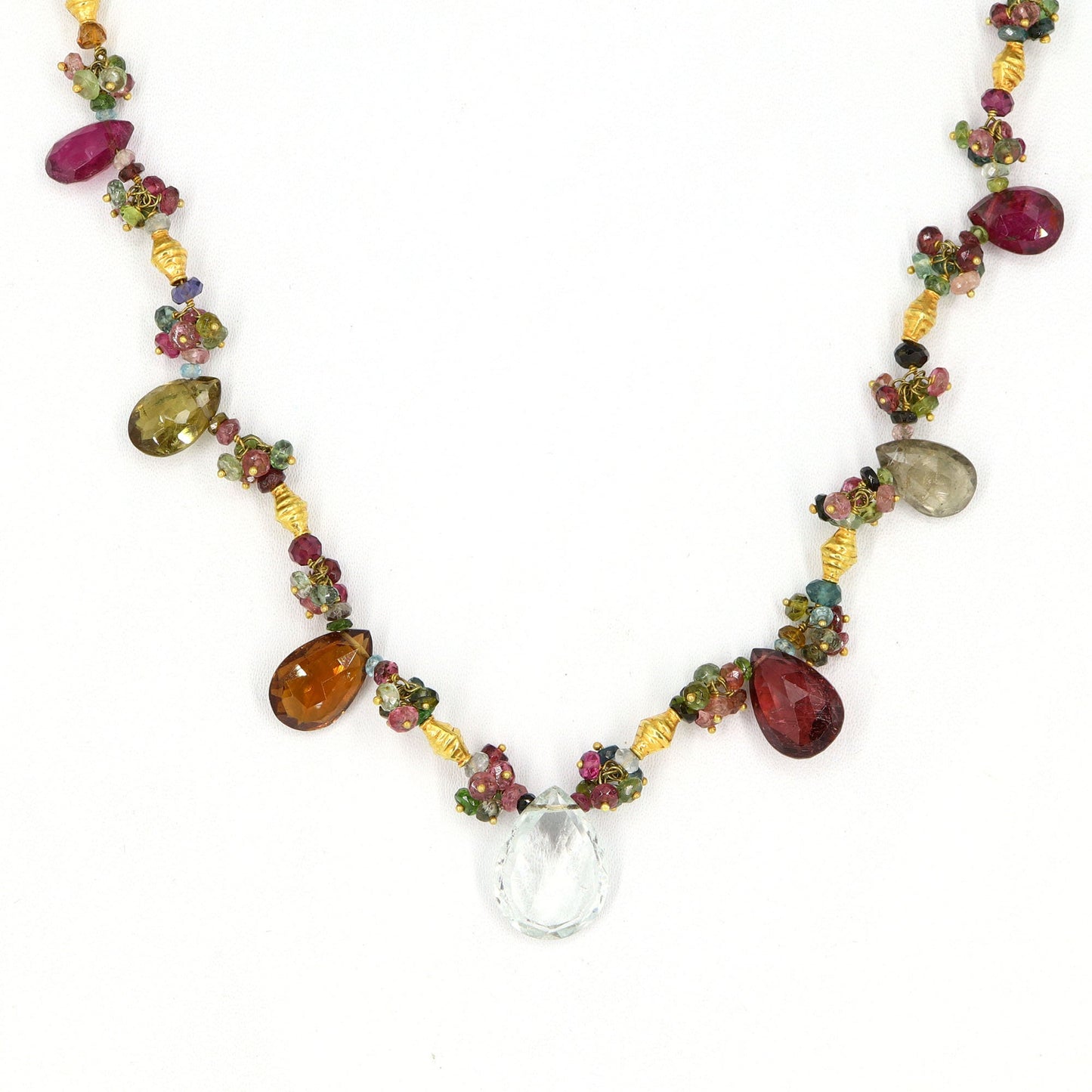 Solitaire Pear Cut Aquamarine Multi Tourmaline Beaded Necklace 18K Gold