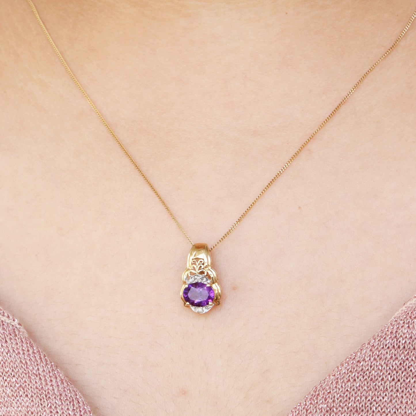 Unique Design Amethyst Necklace 14K Gold
