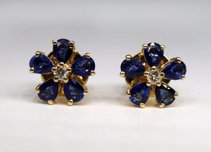 Blue Sapphire Flower Jewelry : Earring 18K Gold