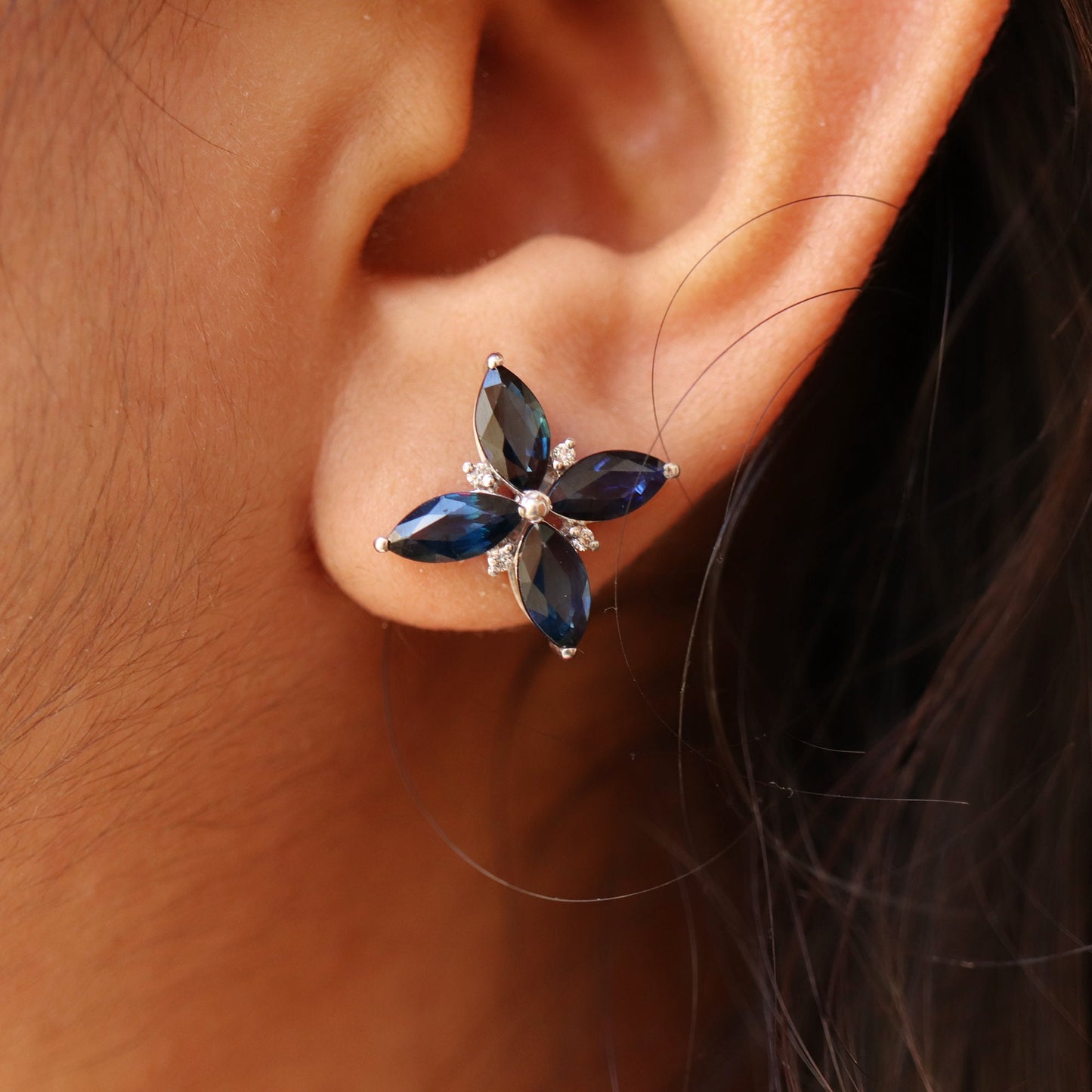 White Sapphire Studs Marquise Cut Blue Sapphire September Earring 14K Gold