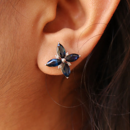 White Sapphire Studs Marquise Cut Blue Sapphire September Earring 14K Gold