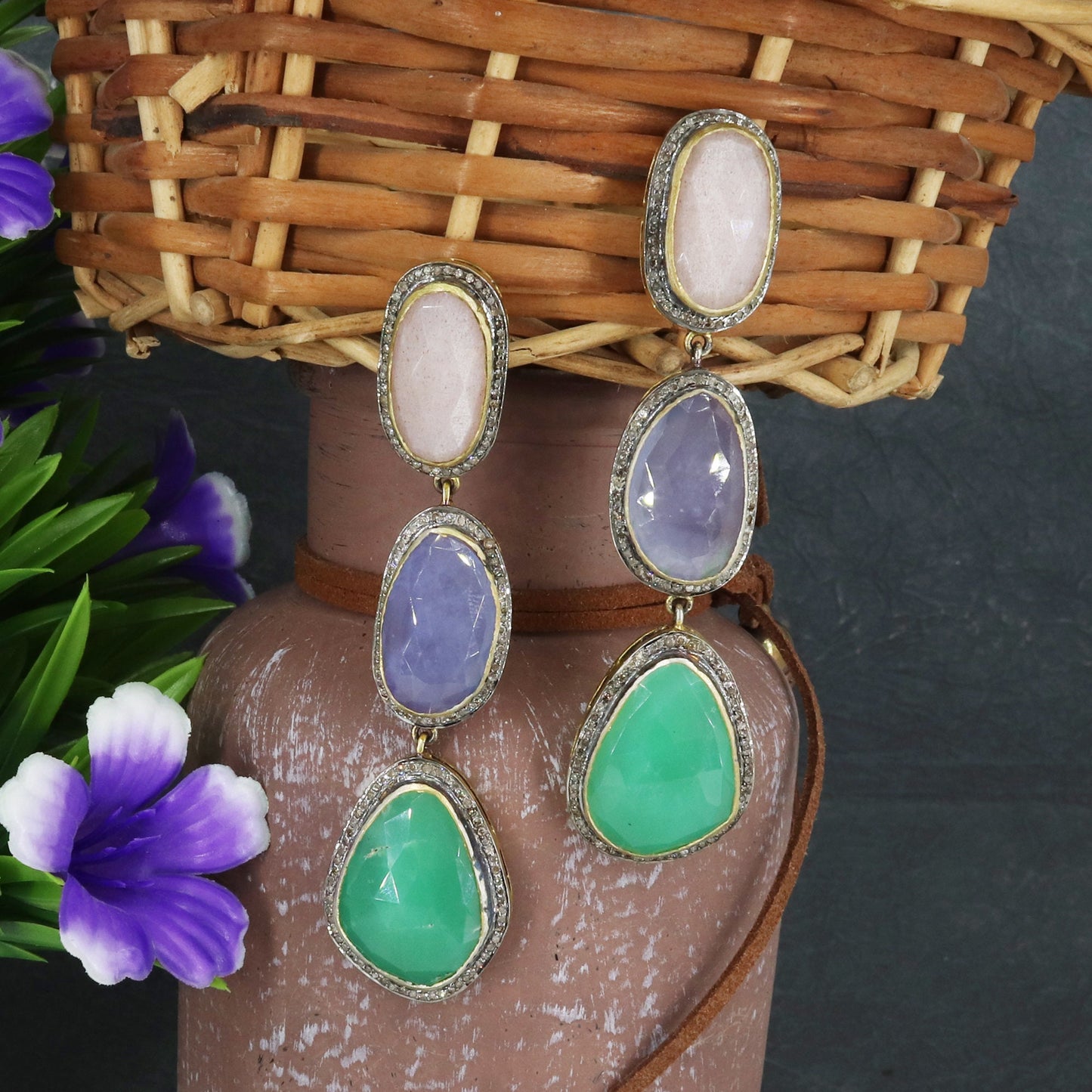 Pink Moonstone Blue Agate Chrysoprase Dangles Earring
