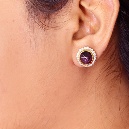 Round Cluster Star Ruby Studs Yellow Earring 18K Gold