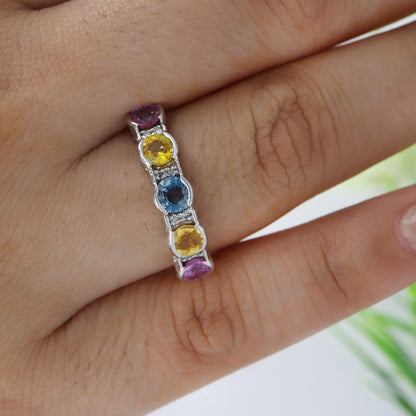 Round Sapphire Gemstone Ring Silver