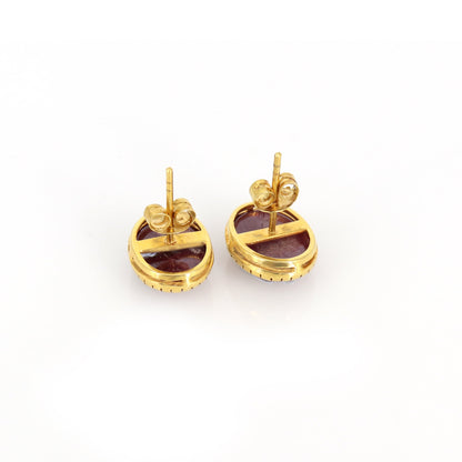 Oval Shape Star Ruby Studs Yellow Star Ruby Gemstone Earring 18K Gold