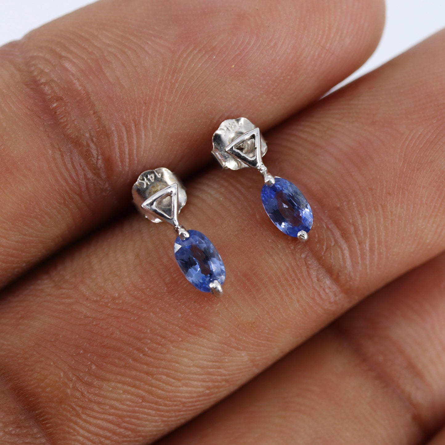 9Mm Tiny White Studded Blue Sapphire Earring 14K Gold