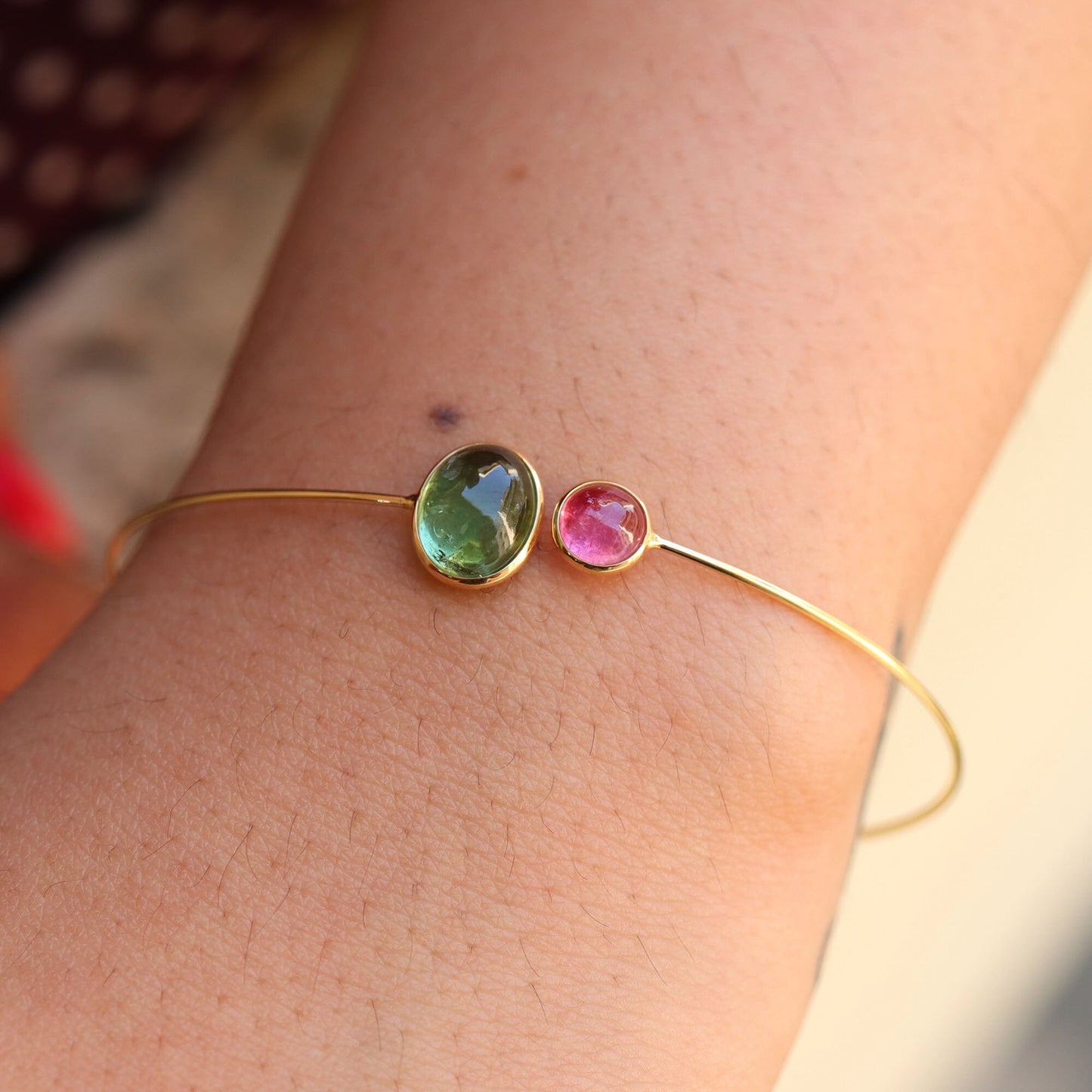 Open Cuff Bangle Flexible Bangle Yellow Bangle Multi Tourmaline Fine Jewelry Anniversary Multi Tourmaline 18K Gold