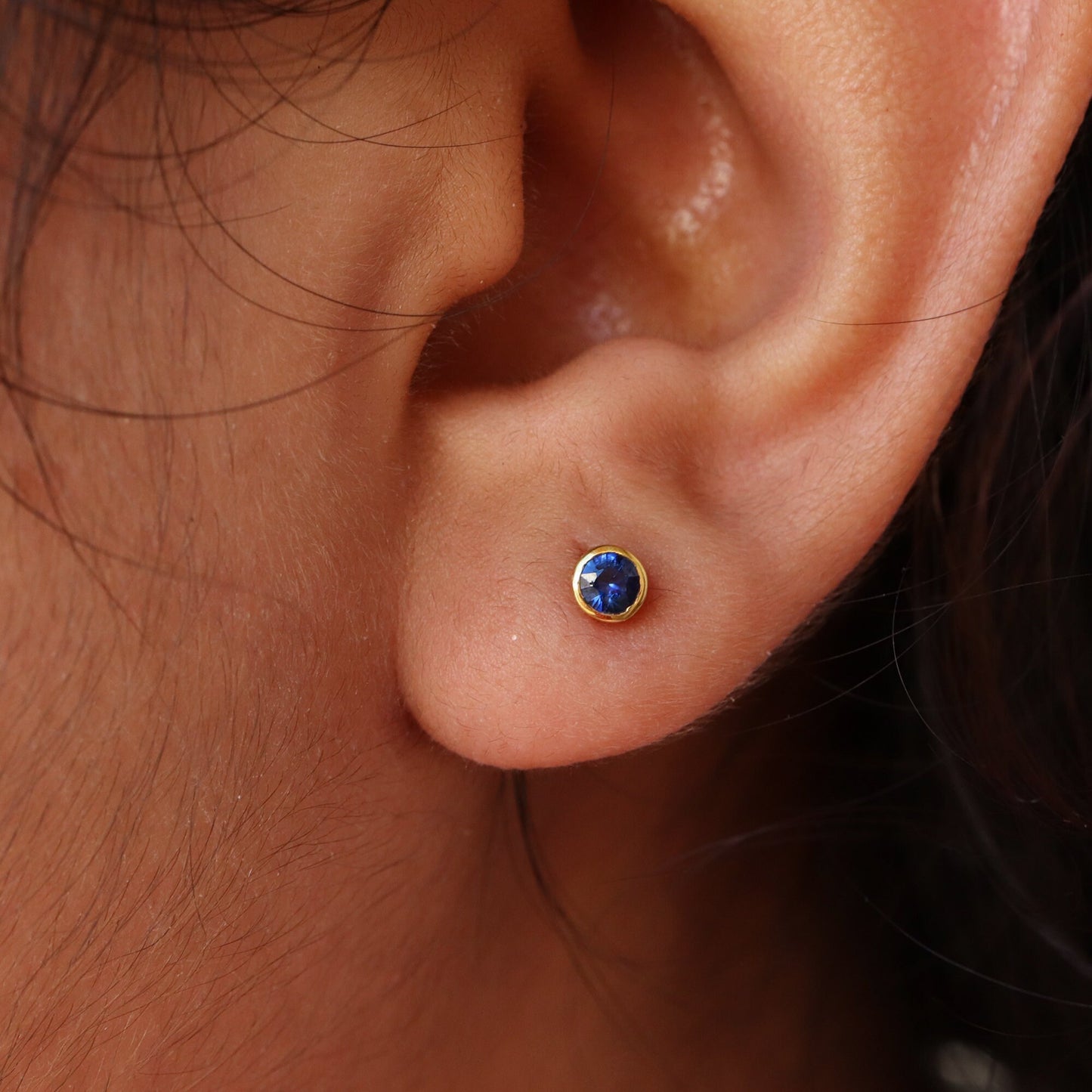 4Mm Tiny Round Studs Daily Wear Studs Blue Sapphire Yellow Sapphire Earring 14K Gold