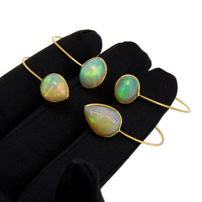 Oval Pear Shape Open Cuff Bangle Flexible Bangle Yellow Bangle Opal Finest Jewelry Anniversary 14K Gold