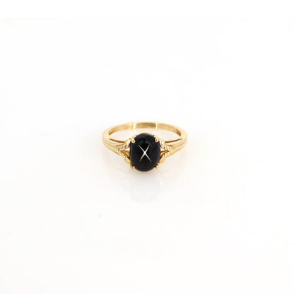 Yellow Oval Shaped Cabochon Black Star Or Star India Semi Precious Gemstone Ring 14K Gold