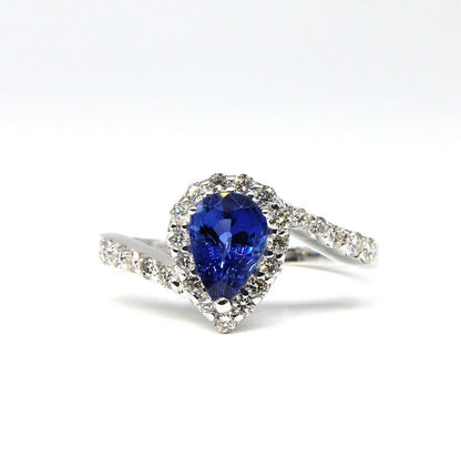 Handmade White Blue Sapphire Pear Ring 18K Gold