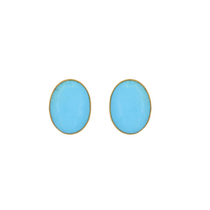 Yellow Cabochon Oval Shape Turquoise Bezel Stud Post Solitaire Fine Gemstone Earring 14K Gold