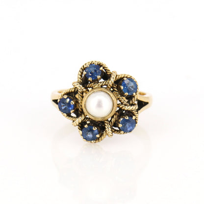 9Ct Blue Sapphire Pearl Ring Gold