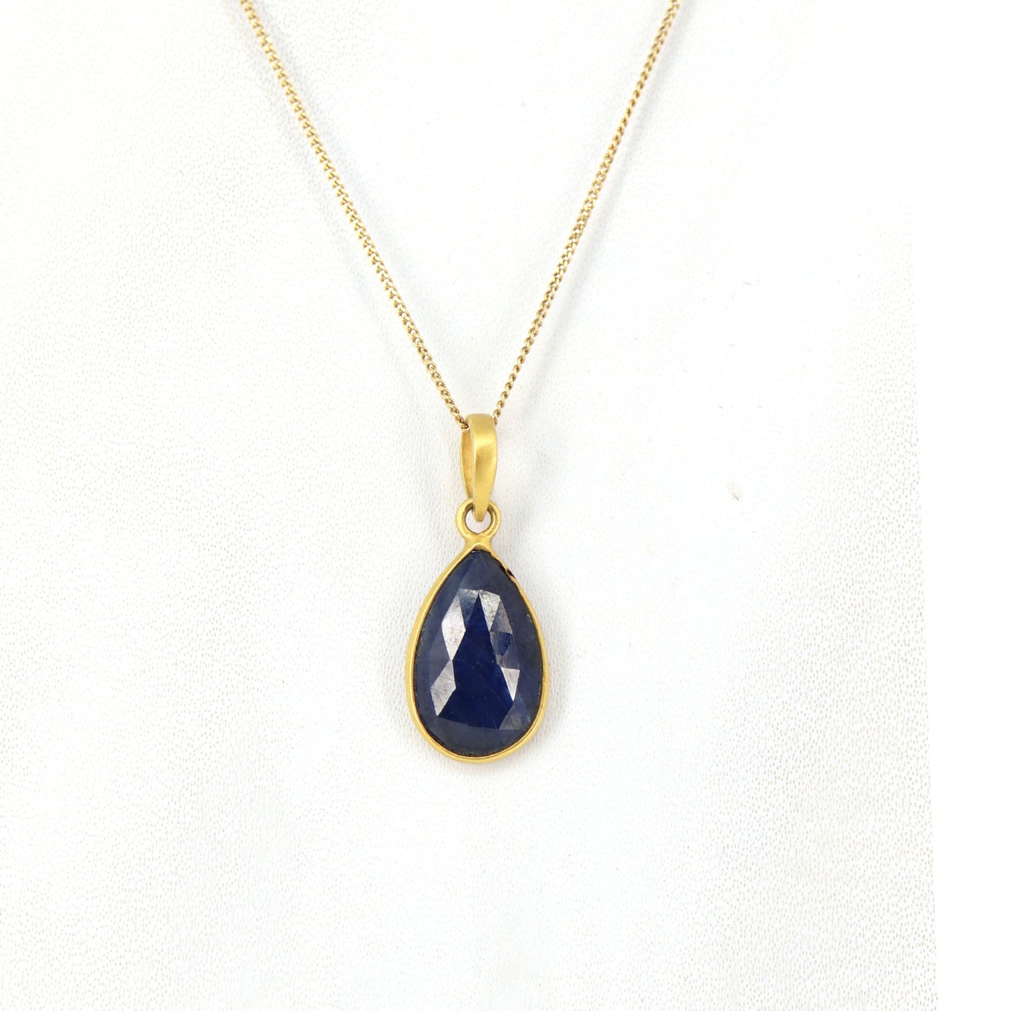 Blue Sapphire Cabochon Rose Cut Gemstone Handmade Pendant 18K Gold