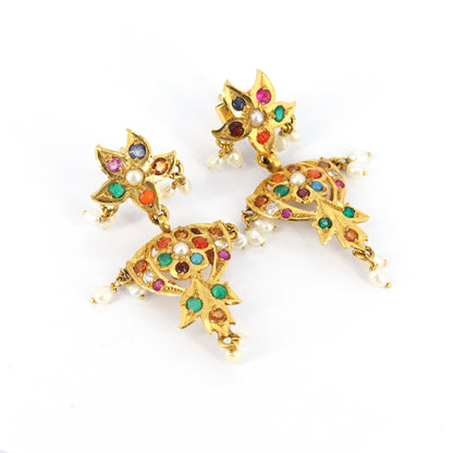 Navratan Antique Yellow Earring 22K Gold