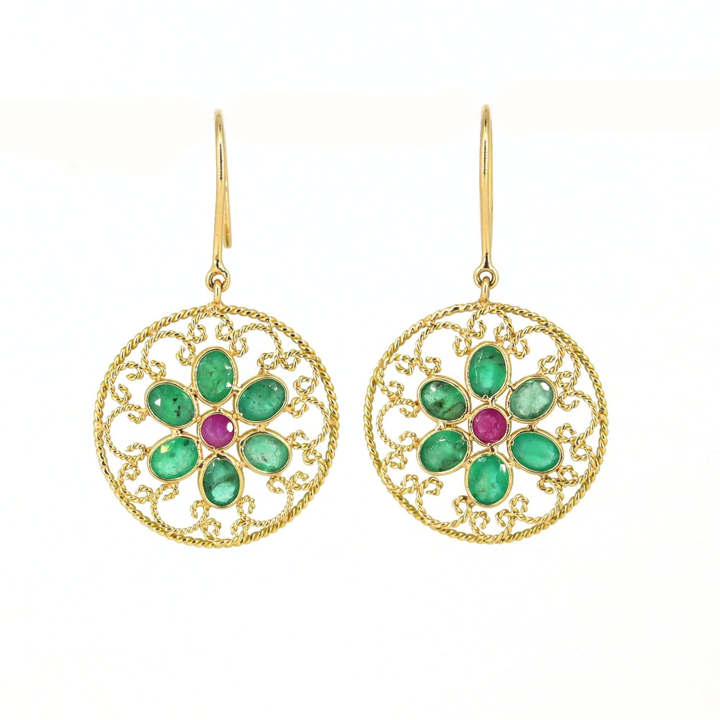 Yellow Handmade Emerald Ruby Hanging Earring 18K Gold