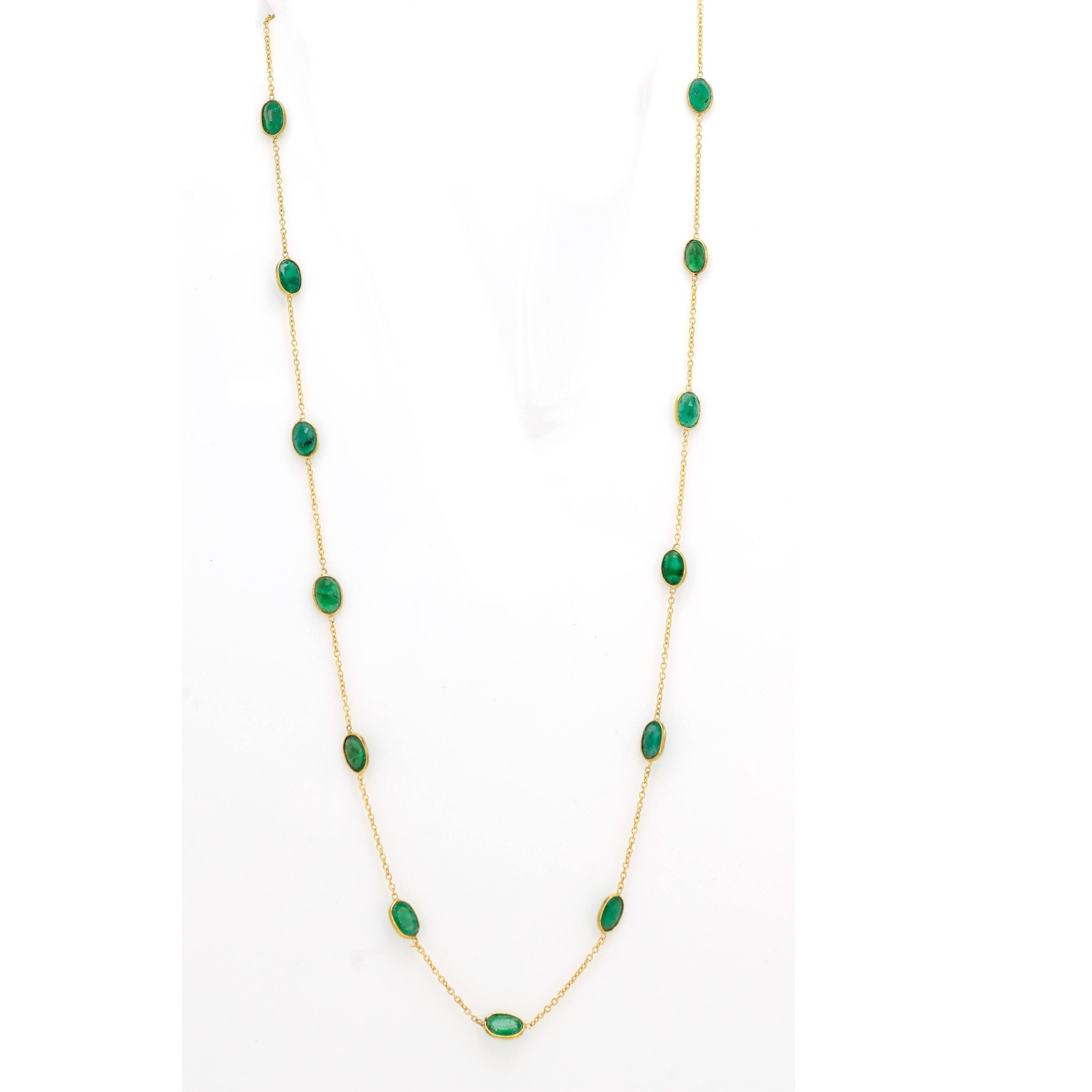 Jewelry Emerald Oval Cut Handmade Bezel Setting Chain Precious Emerald Chain Good Looking Gemstone Green Color Chain 14K Gold